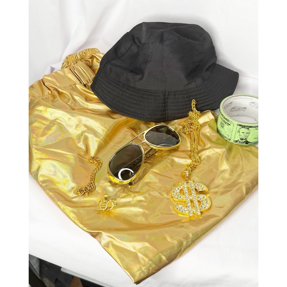 80s 90s Hip Hop Rapper Costume Gold Pants Bucket Hat Chain Sunglasses Adult L